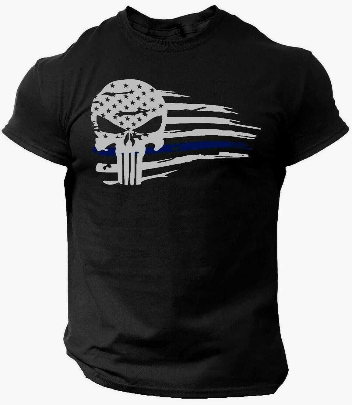 Skull  blue T-Shirt USA Warrior Flag Military Punisher Patriotic Skull Gym