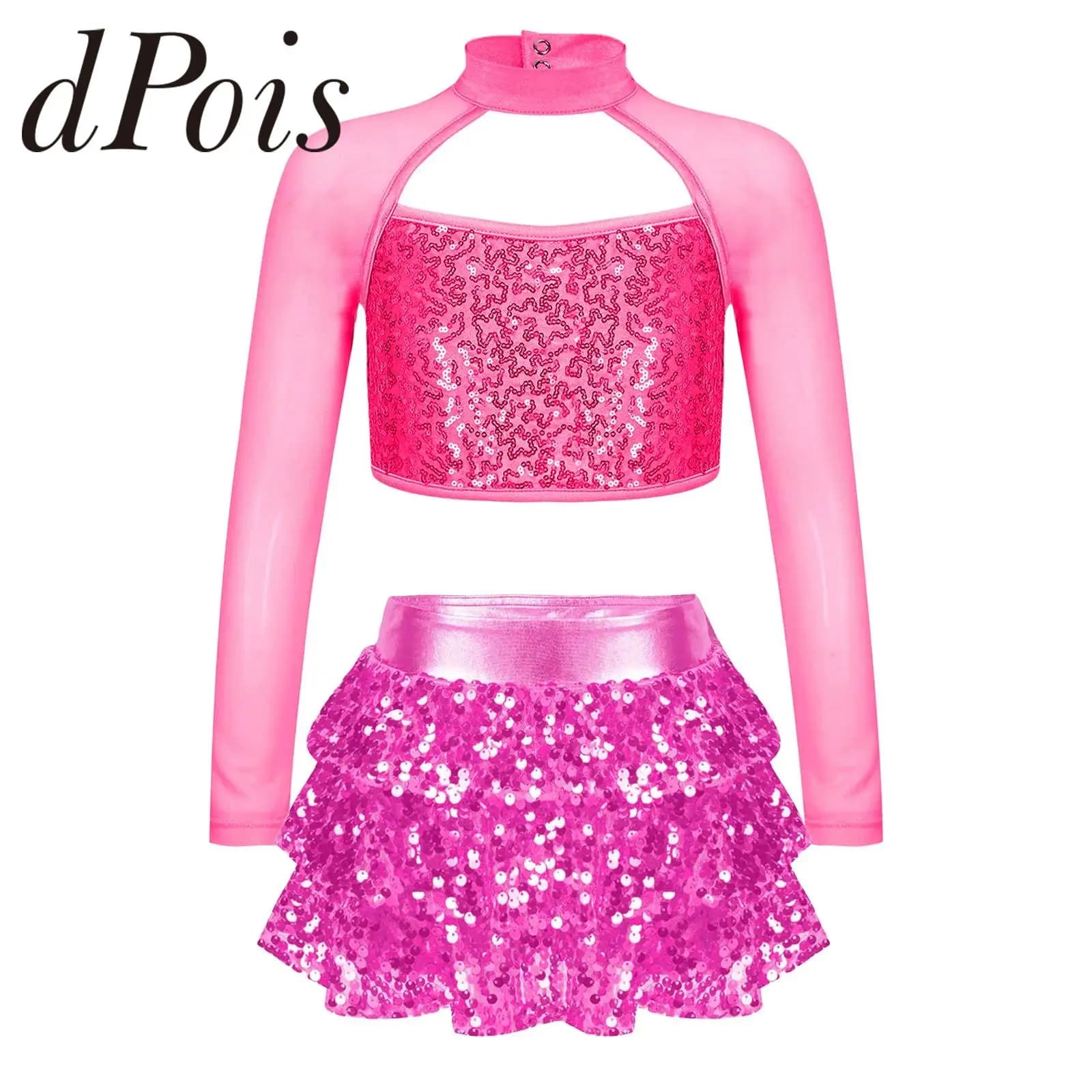 Girls Jazz Dance Outfit Kids Long Sleeve Shiny Sequins Crop Top with Skirts Stage Performance Dancewear Birthday Party Costume
