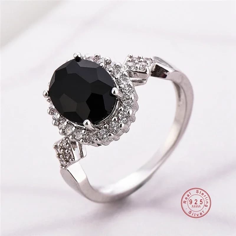 Genuine Jewelry 925 Sterling Silver Stackable Ring Round Black CZ Crystal Finger Ring for Women Wedding Party Bague Bijoux