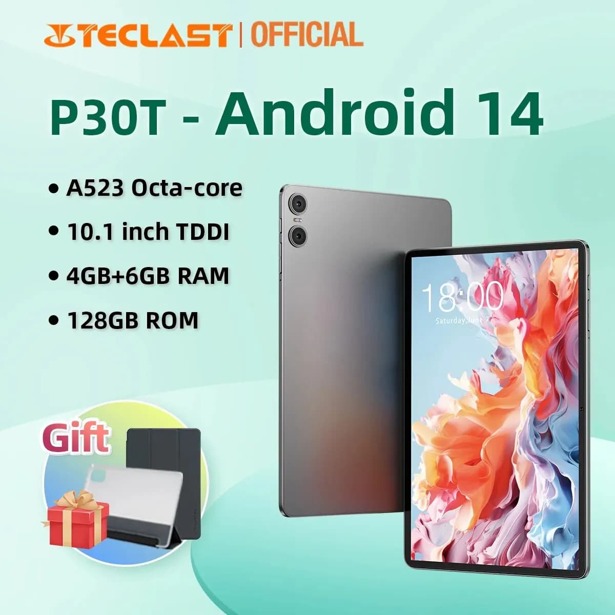 Teclast P30T Android 14 Tablet 10.1" Incell Fully Laminated A523 8-core 4GB+6GB RAM 128GB ROM Wi-Fi 6 Type-C 6000mAh 3.5mm Jack