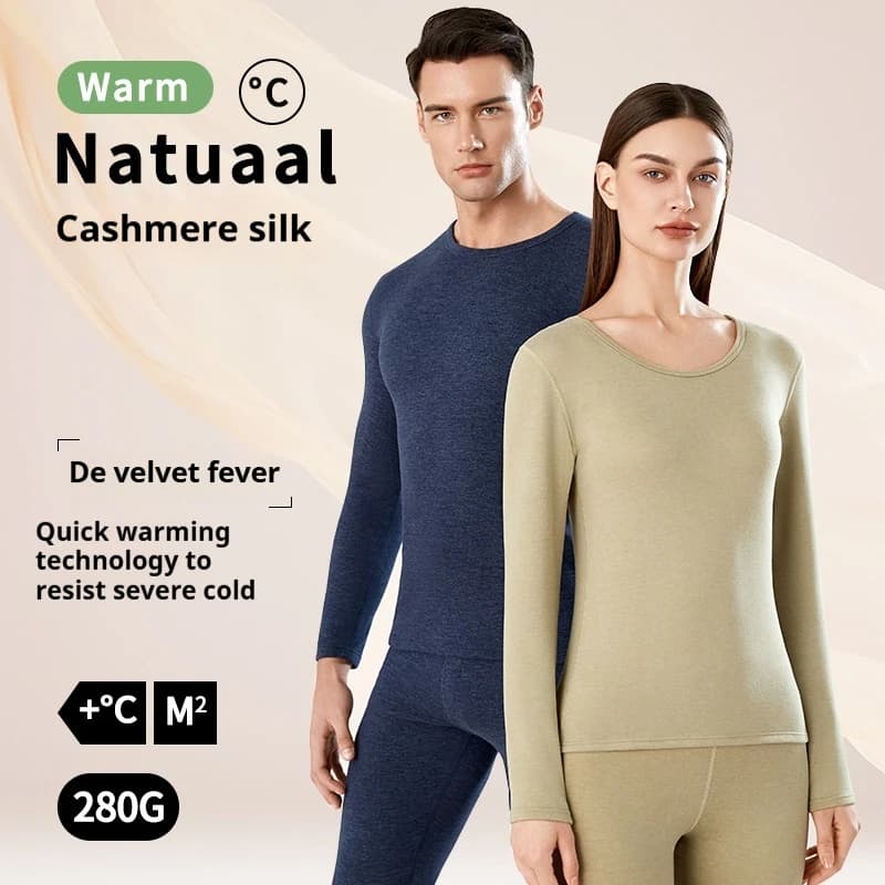 Women's Round Neck Cashmere Silk Seamless Winter Thermal Fall Top Pants Two Piece Set Men Women