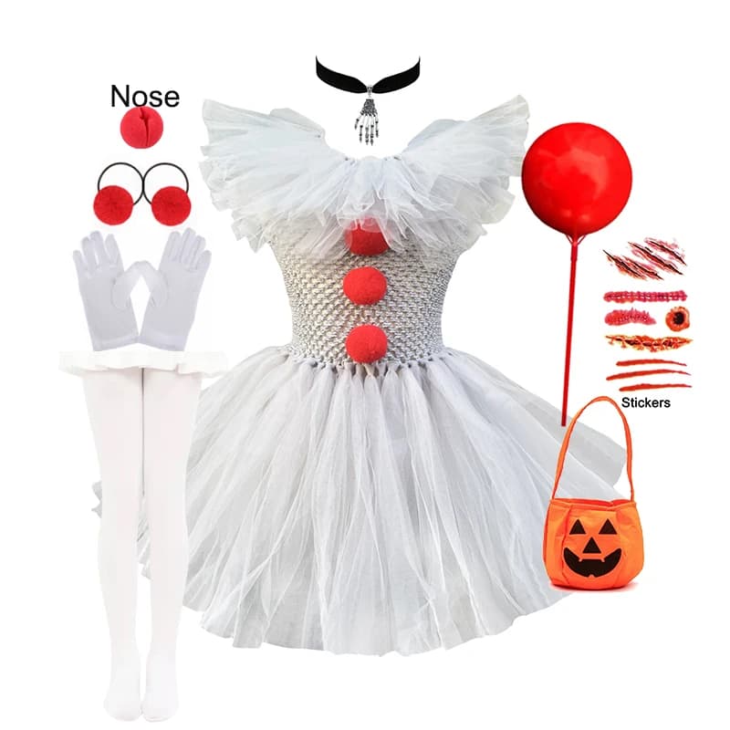 Girls New Gray Joker Dress for Kids 2025 Halloween Carnival Cosplay Creepy Clown Costume Children Dress Up Party Clothes