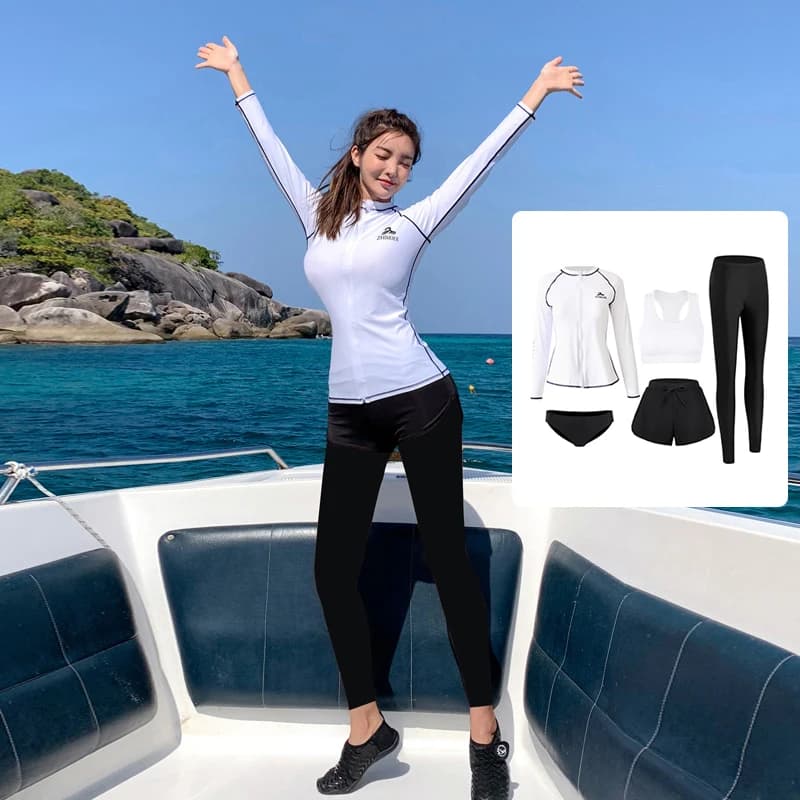 Long Sleeve Rash Guard Women Solid 5 Pieces Swimsuit Zipper Swimwear Bathing Suit Surfing Pad Long Pant Couples Men 3 pieces
