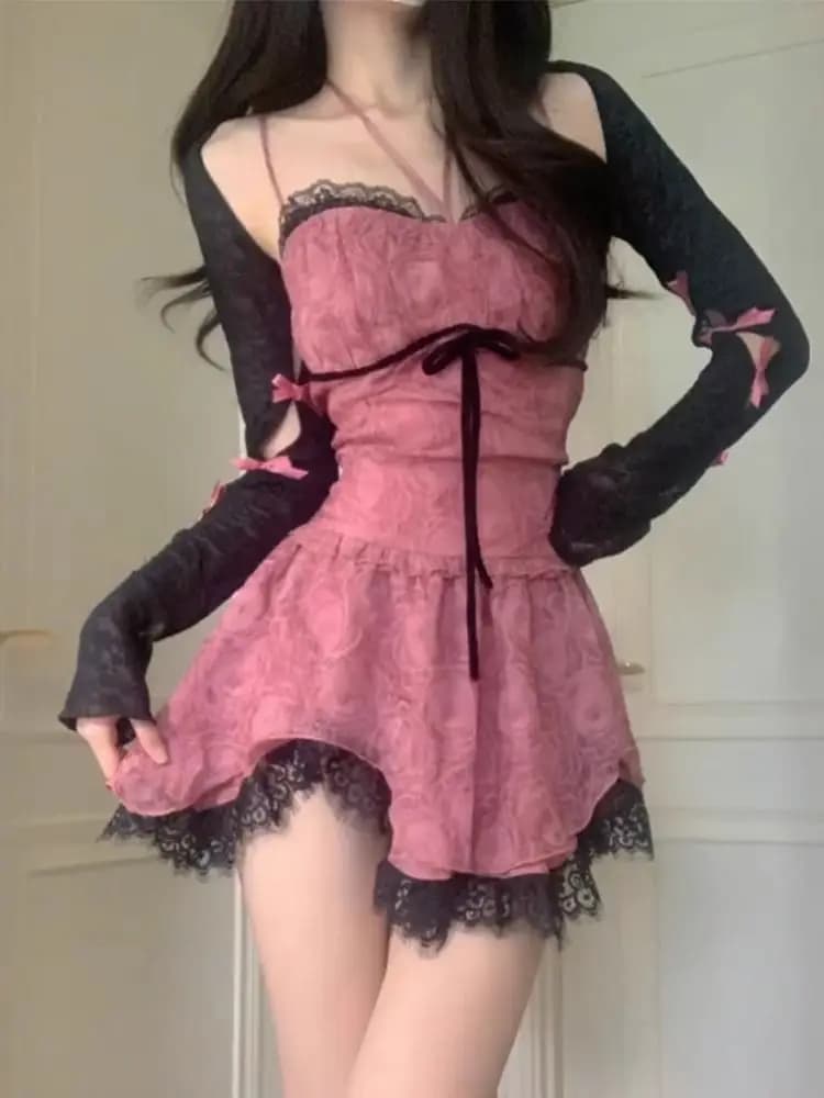 2024 New Retro Slim Fit Irregular Lace Strap Dresses+ Vintage Y2k Grunge Sexy Long Sleeve Black Tops Women Summer Two Piece Sets