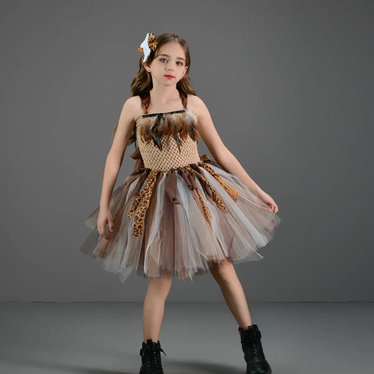 Savage Primitive Caveman Tutu Dress for Girls Leopard Indian Indigenous Costume Kids Halloween Carnival Jungle Party Clothes