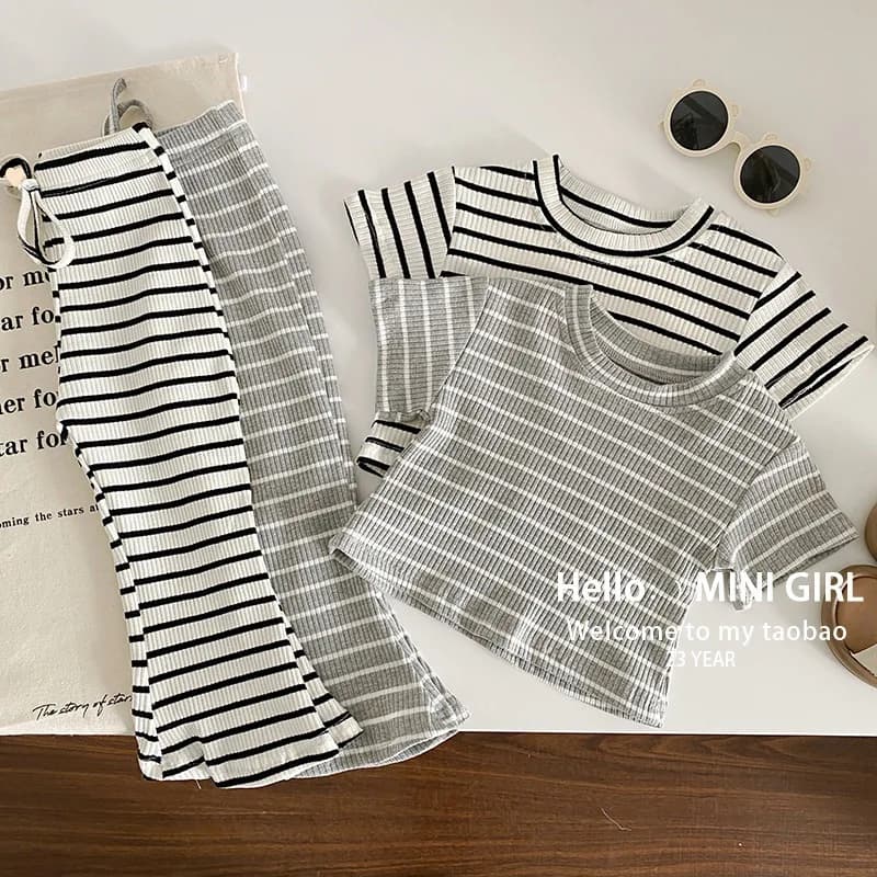 Summer Girls Fashion Striped Sets Children's Short-Sleeved Round Neck Top Trousers Suit Baby Casual Two-Piece Baby Clothing 2-8Y
