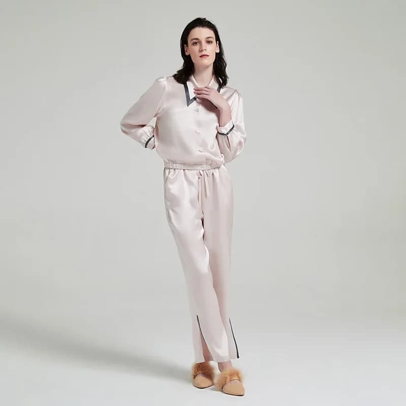 Contrast Color Silk Pajamas Set Long-sleeved Trousers Sleepwear Women's Waist Pajamas Suit Luxury Office Lady Silk Shirt Pants