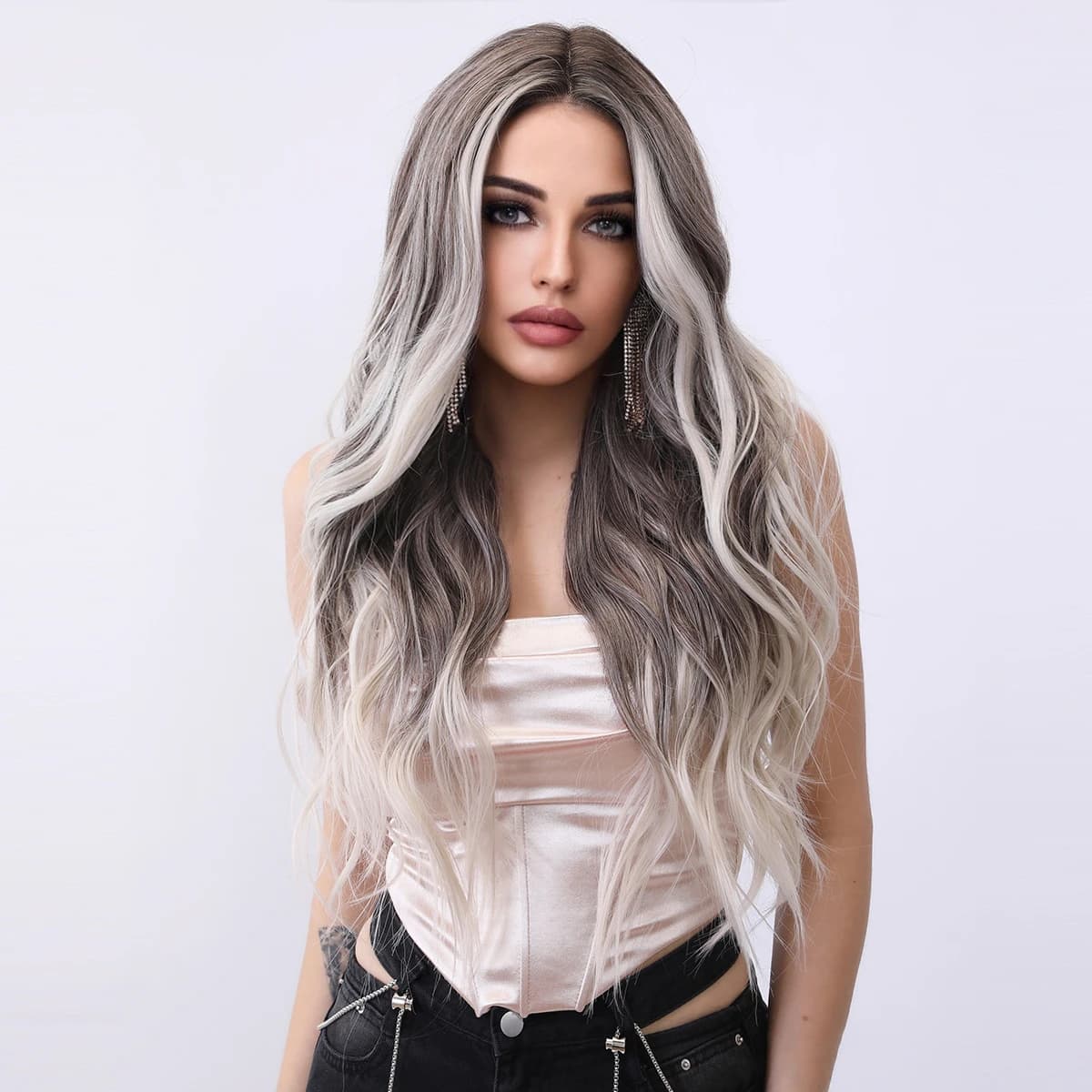 Omber Brown To White T-Part 13X5X1 Lace Front Synthetic Curly Wigs Invisible Lace Front Preplucked Wig Heat Resistant Wig