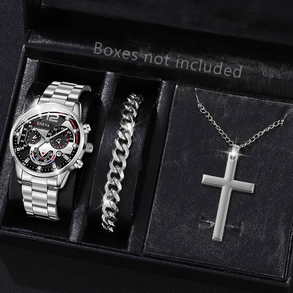3PCS/SET Men's Calendar Quartz Watch Business Fashion Alloy Watch Set Necklace and Bracelet Set Ideal Choice for Gifts