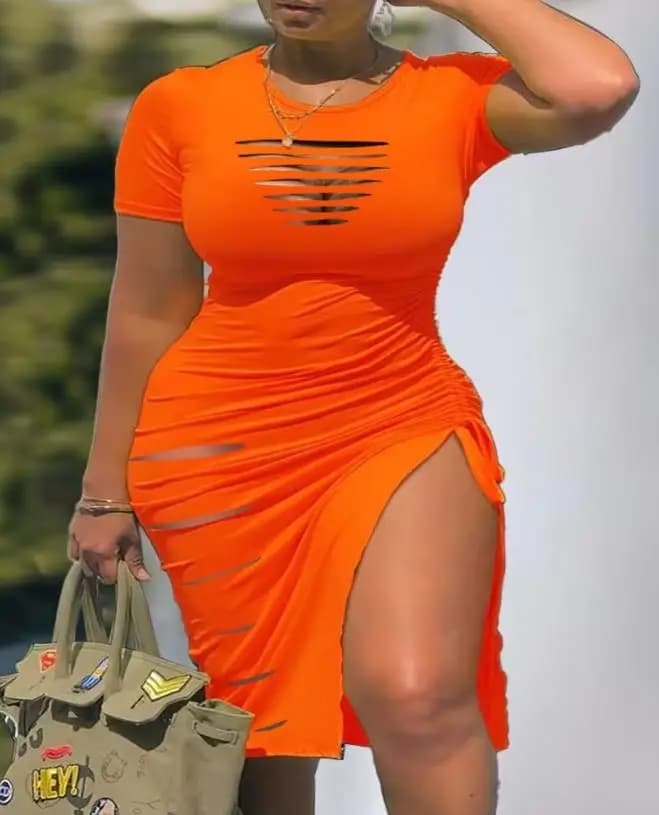 Women Chic 2024 Spring Summer Latest Round Neck Plus Size Ladder Cutout Drawstring Ruched High Slit Midi Skirt Skinny Maxi Dress