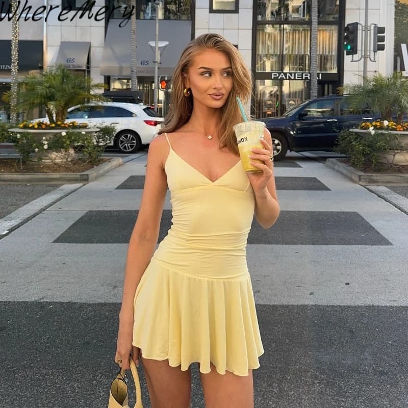 WhereMery Casual Solid Off Shoulder V-neck Slim A-line Dress Sexy Fashion Sleeveless Streetwear Mini Dresses Summer New Vestidos