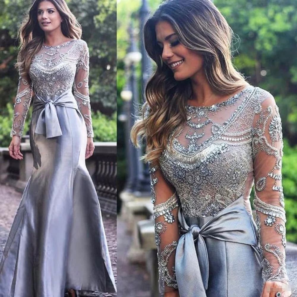 Luxury Gray Mother of the Bride Dresses Full Sleeves O-Neck Floor Length Trumpet Illusion Elegant High Quality Women Prom Gowns