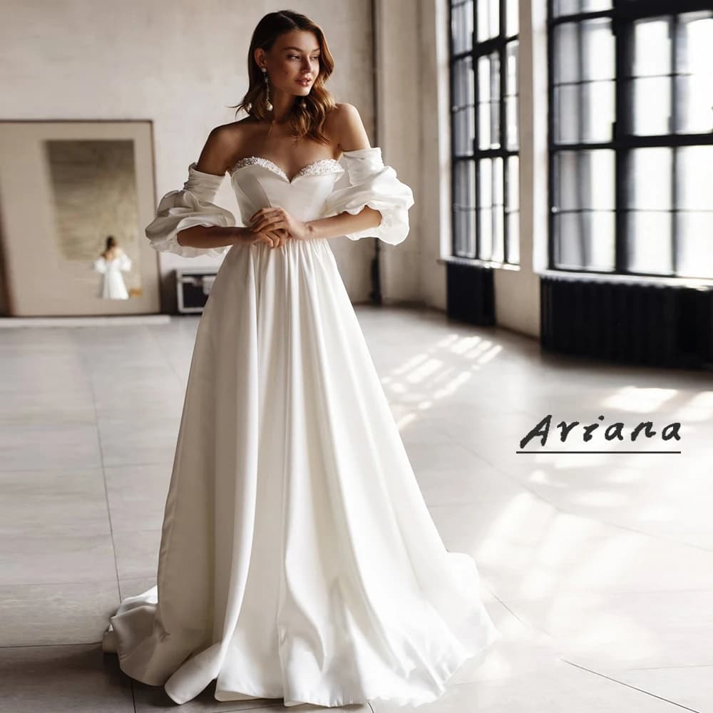 Customized Elegant Satin Wedding Dress For Bride 2025 Detachable Puffy Sleeves Sweetheart Neck Beading Simple Vestido De Novia
