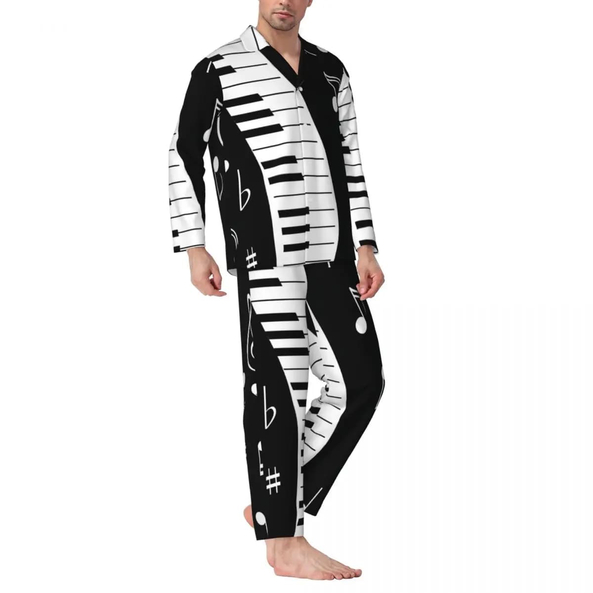 Retro Music Note Sleepwear Autumn White And Black Loose Oversized Pajamas Set Men Long Sleeve Warm Daily Pattern Nightwear
