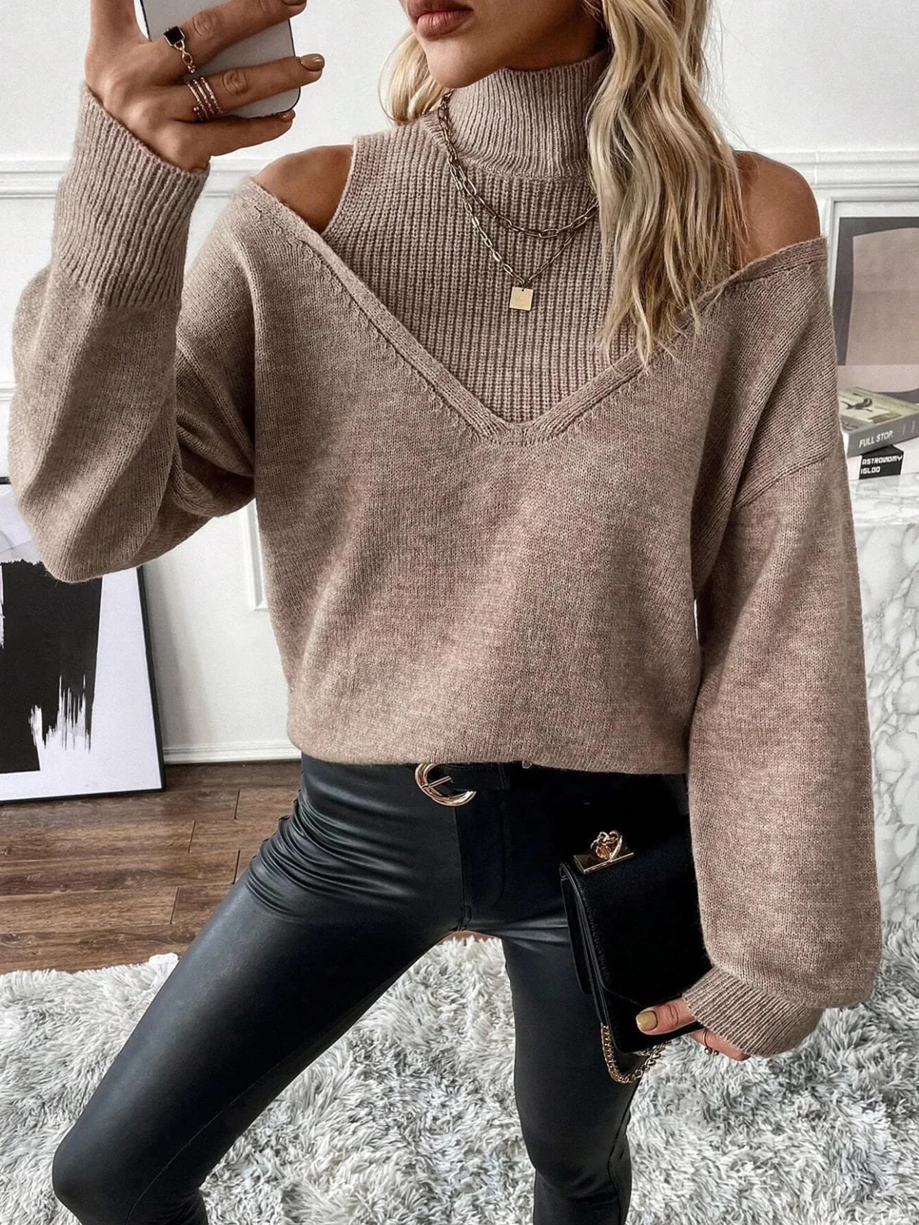 Fall Ribbed Turtleneck Sweater Women Cold Shoulder Ribbed Long Sleeve Sweater Solid Color Turtle Neck Pullovers Off The Shoulder