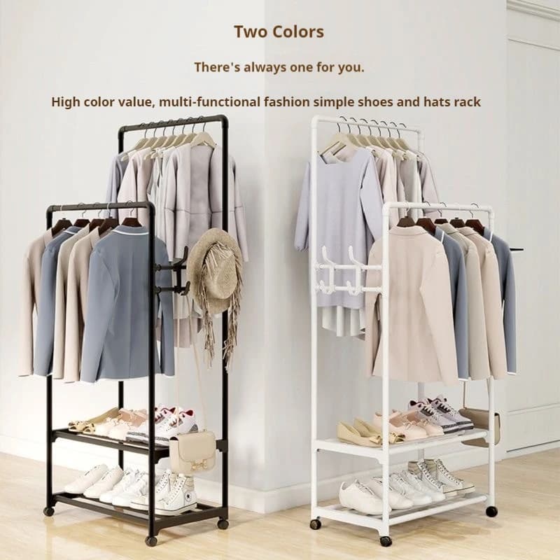 Hot Coat Rack Movable Double Clothes Shelf Simple Rod Clothes Floor-Standing Bedroom Telescopic Floor Hangers Storage Coat Rack