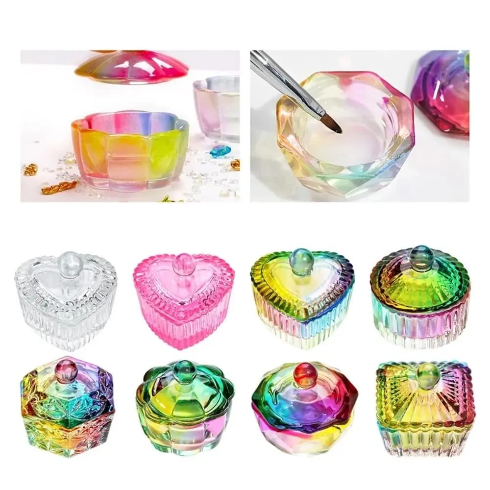 Colorful Pen Brush Washer Nail Art Glass Brush Cleaning Glass Cup Powder Crystal Dish Wash Pen Bowl With Lid Manicure Tool