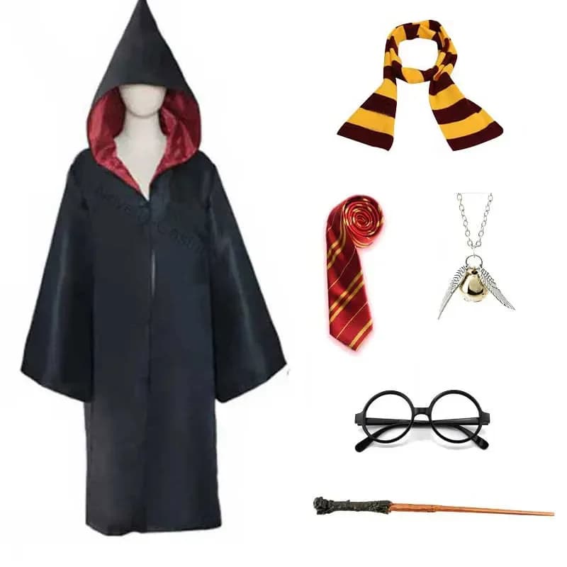 Boys Girls Adult Witch And Wizard House School Robe Scarf Tie Wand Cosplay Kids Men Women Magic College Cloak Halloween Costume