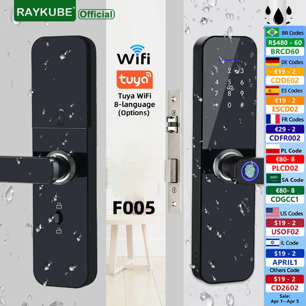 RAYKUBE F005 IP65 Waterproof Tuya Wifi Electronic Smart Door Lock With Fingerprint/Smart Card/Password/Key/TT Lock APP Unlock