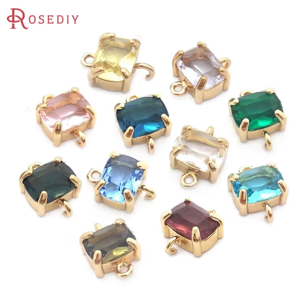 6PCS 8x10MM High Quality Champagne Gold Color Brass and Glass 2 Holes Rectangle Connect Charms Pendants Jewelry Diy Accessories