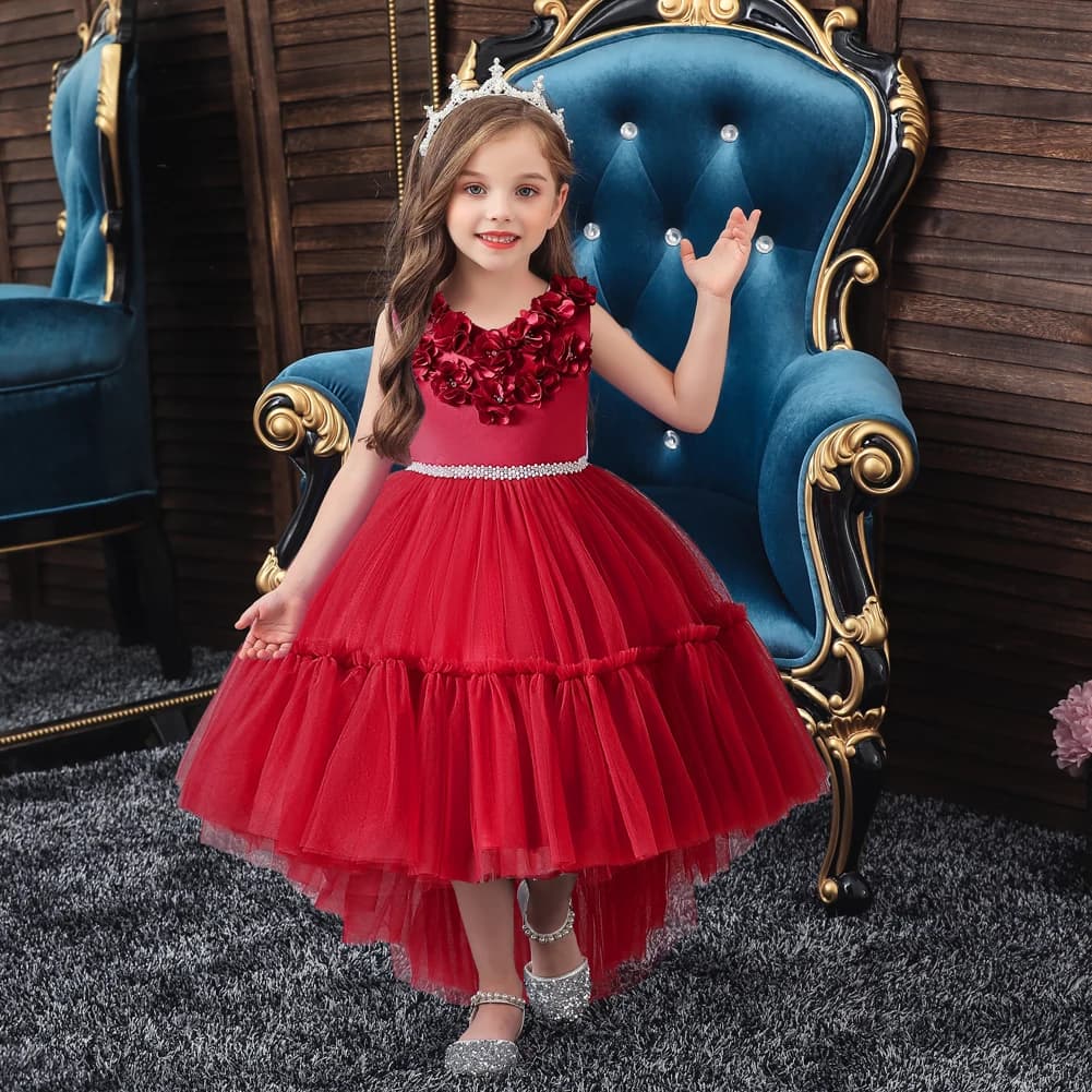 European Style Flower Tuxedo Dresses For Girls Of 3 To 12 Year Old Red Cute Girl Wedding Dress Elegant Beading Party Dress Girls