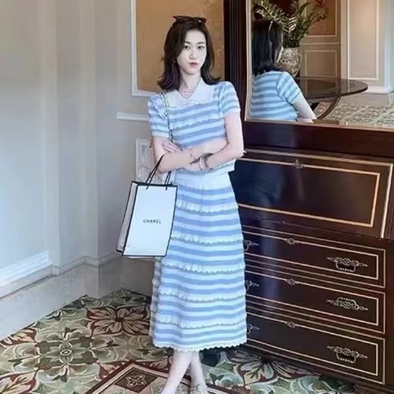 New Sweet Knitted Summer Two Piece Set Women Striped Contrast Color Peter Pan Collar Short Sleeve Top Sweater + Skirt Suits
