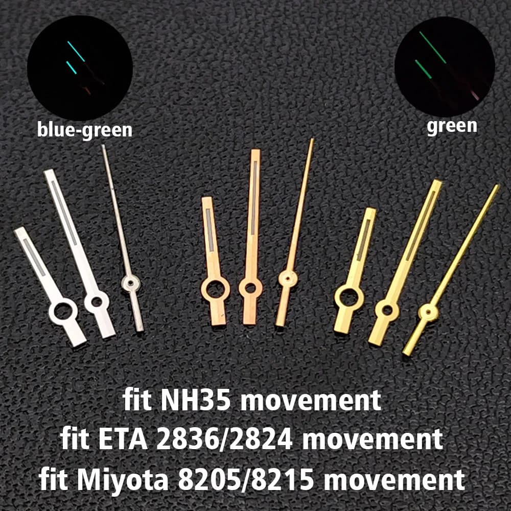 High quality pointer Silver Golden Watch Hands Blue-Green/Green Luminous Hands Fit NH35 ETA 2824 2836 Miyota 8205 8215 Movement