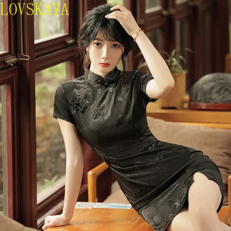 Chinese traditional dragon patterned plaid shirt, youthful new summer fashion, modern improvement, black women's short dress