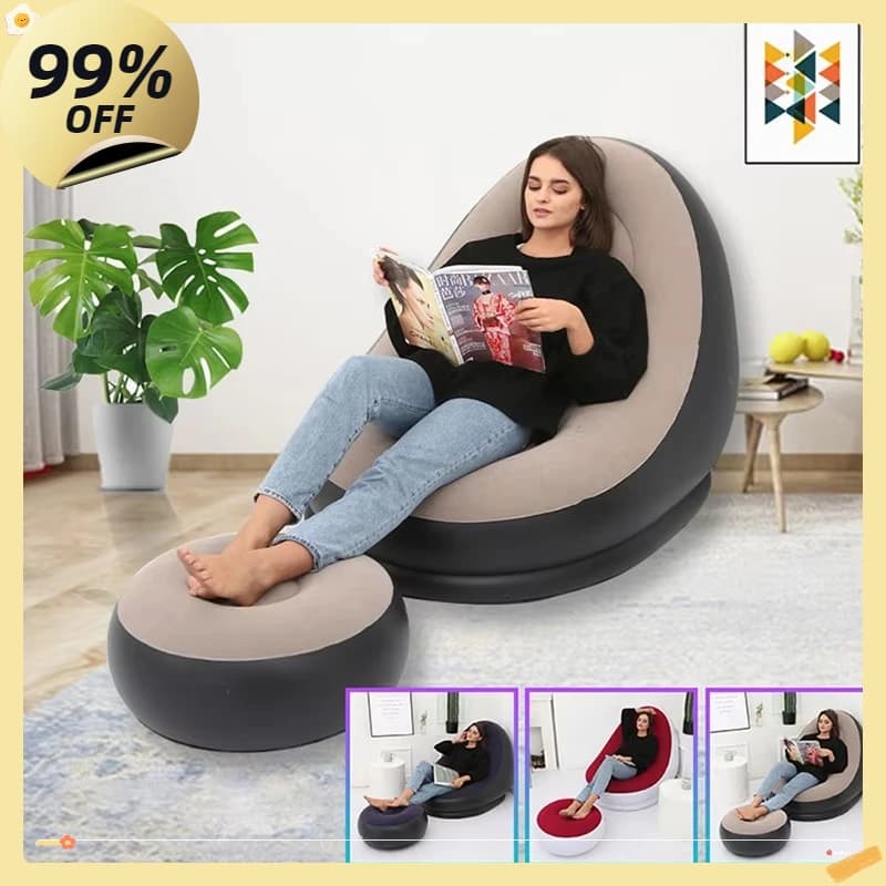 Lazy Couch Sofas Inflatable Chair Foldable Recliner Outdoor Sofa Bed Footstool Portable Folding Air Bed Lunch Lounge Chair Set