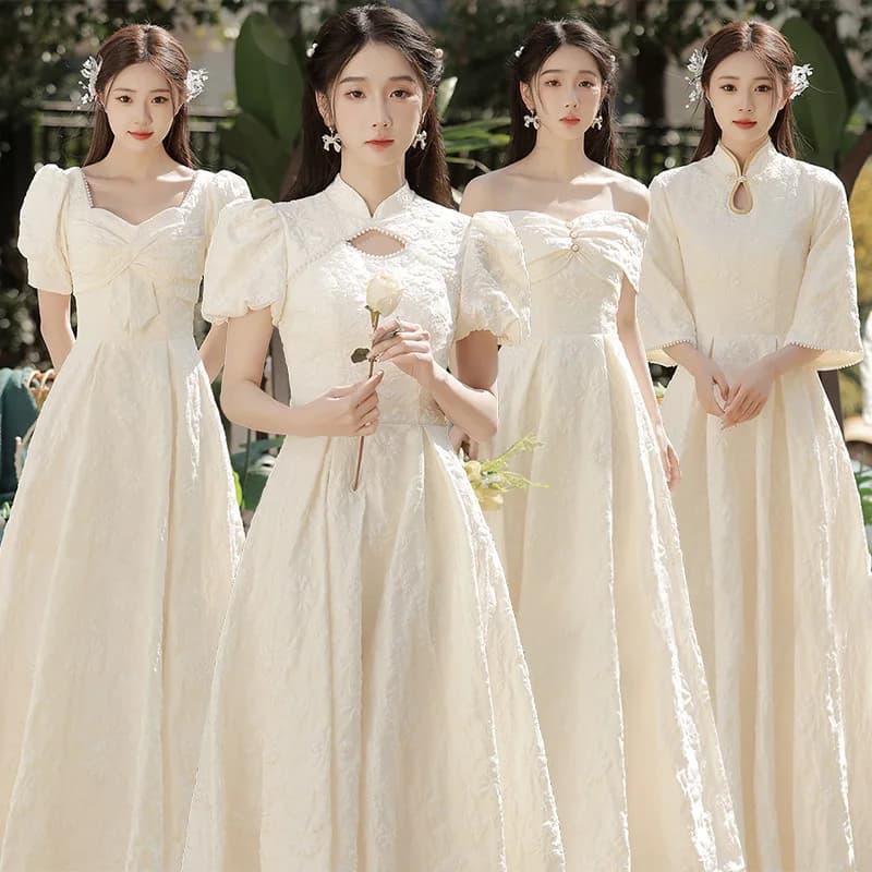 New Chinese Champagne Dress Long Slim Fit Bridal Bridesmaid Dresses Vintage Elegant Cheongsam Traditional Wedding Party Gown