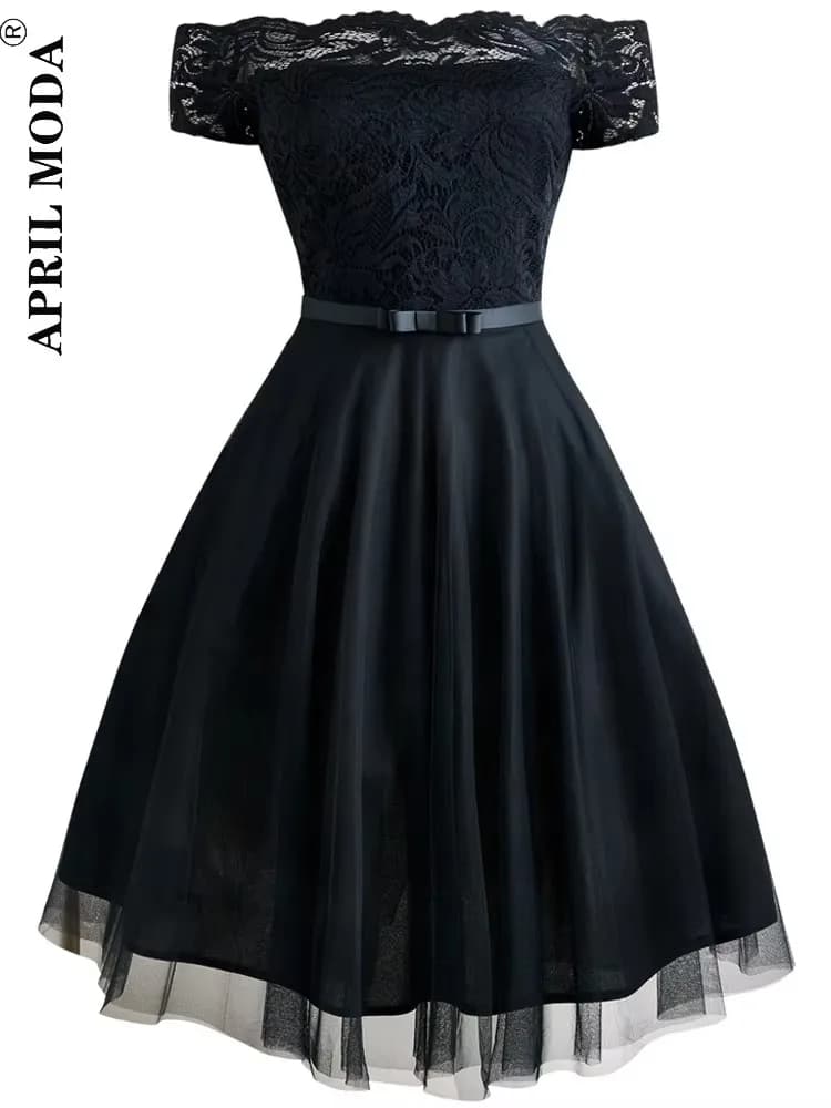 Women Vintage Lace Dress Formal Red Black Green Slash Neck Tulle Midi Jurken Chic Retro Gothic 50s Swing Dresses Party Clothing