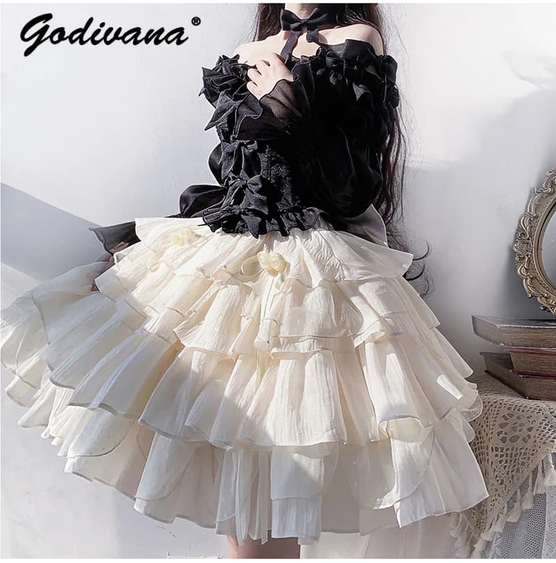 2024 New Spring Summer Lolita Op Dress Soft Girl Women's Off Shoulder Long Sleeve Top Puffy Cake Skirt Princess Skirt Set