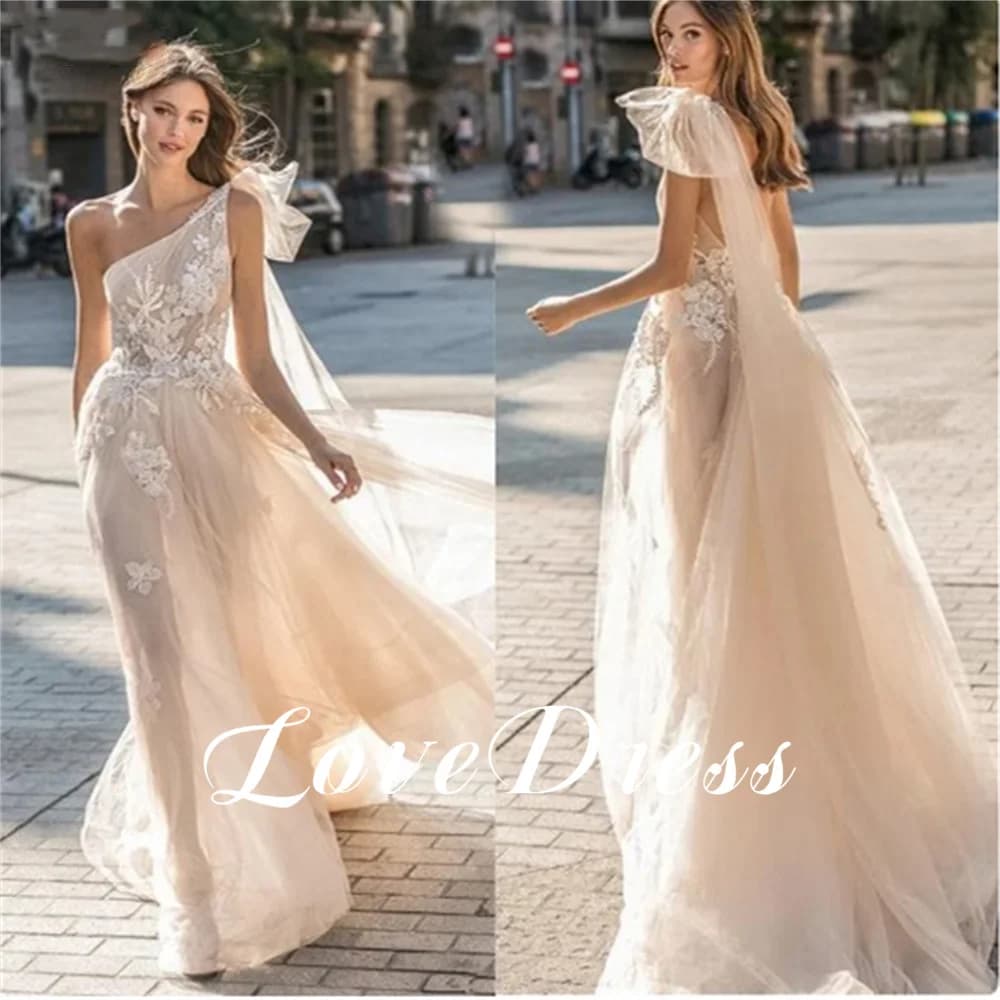 Love Elegant Bow One Shoulder Lace Applique Tulle Wedding Dresses Champagne Charming A-Line Floor Length Sleeveless Customized