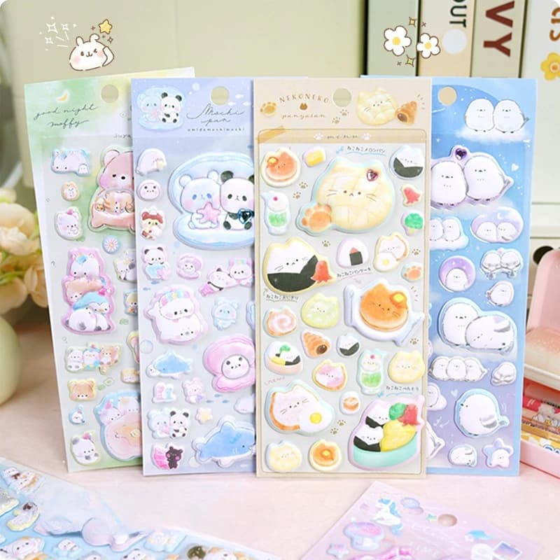 3 pcs Kawaii Panda Cats Unicorn 3D Puffy Stickers Scrapbooking Diy Journal Stationery Sticker Sheet Cute Deco Art Supplies Gift