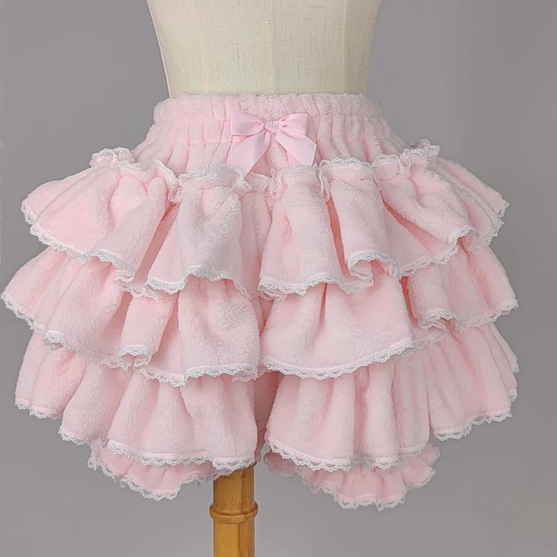 Pink Layered Ruffle Pumpkin Pants Y2k Sweet Lolita Bloomers Shorts Autumn Winter JK Plush Shorts Japanese Lantern Shorts