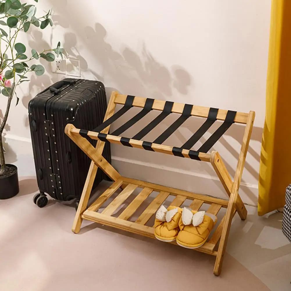 2 Layer Luggage Rack Bamboo Suitcase Stand Foldable Luggage Holder With Shelf For Guest Room Bedroom Hotel Holds Up To 150lbs