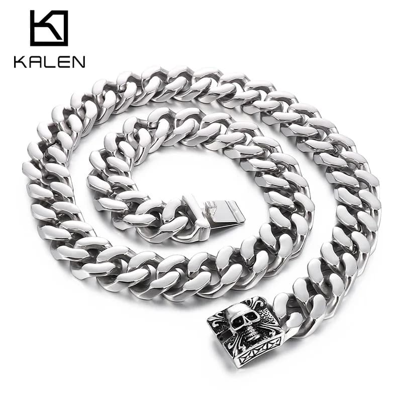 20mm Shiny Cuban Chain With Skull Charm Bracelet & Necklace - Stainless Steel 316L - KN232325-KJX