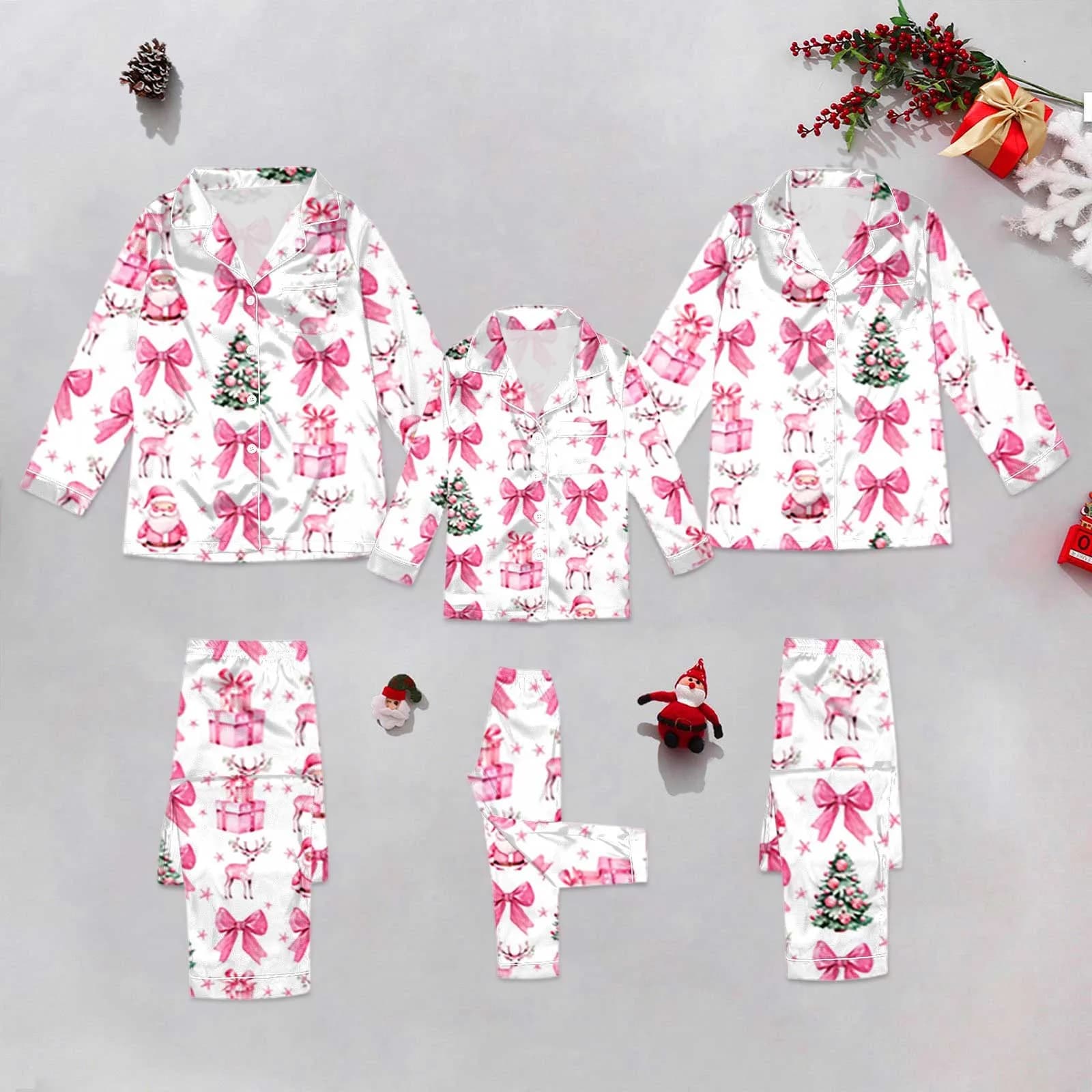 Family Matching Christmas Pajamas Set Fall Winter Christmas Print Long Sleeve Button-up Tops Elastic Band Long Pants Loungewear