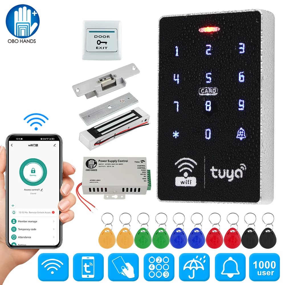 Wifi Tuya Door Access Control System Kit Set Waterproof RFID Keypad Controller APP Remote Unlock, Electric Magnetic Strike Locks