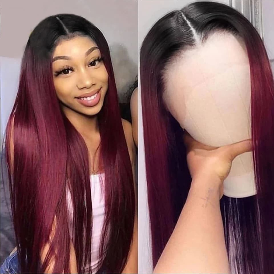T1B/99J Straight Human Hair Wigs Burgundy T Lace Front Wigs Human Hair Brazilian Remy Omber Lace Frontal Wigs For Women HairUGo