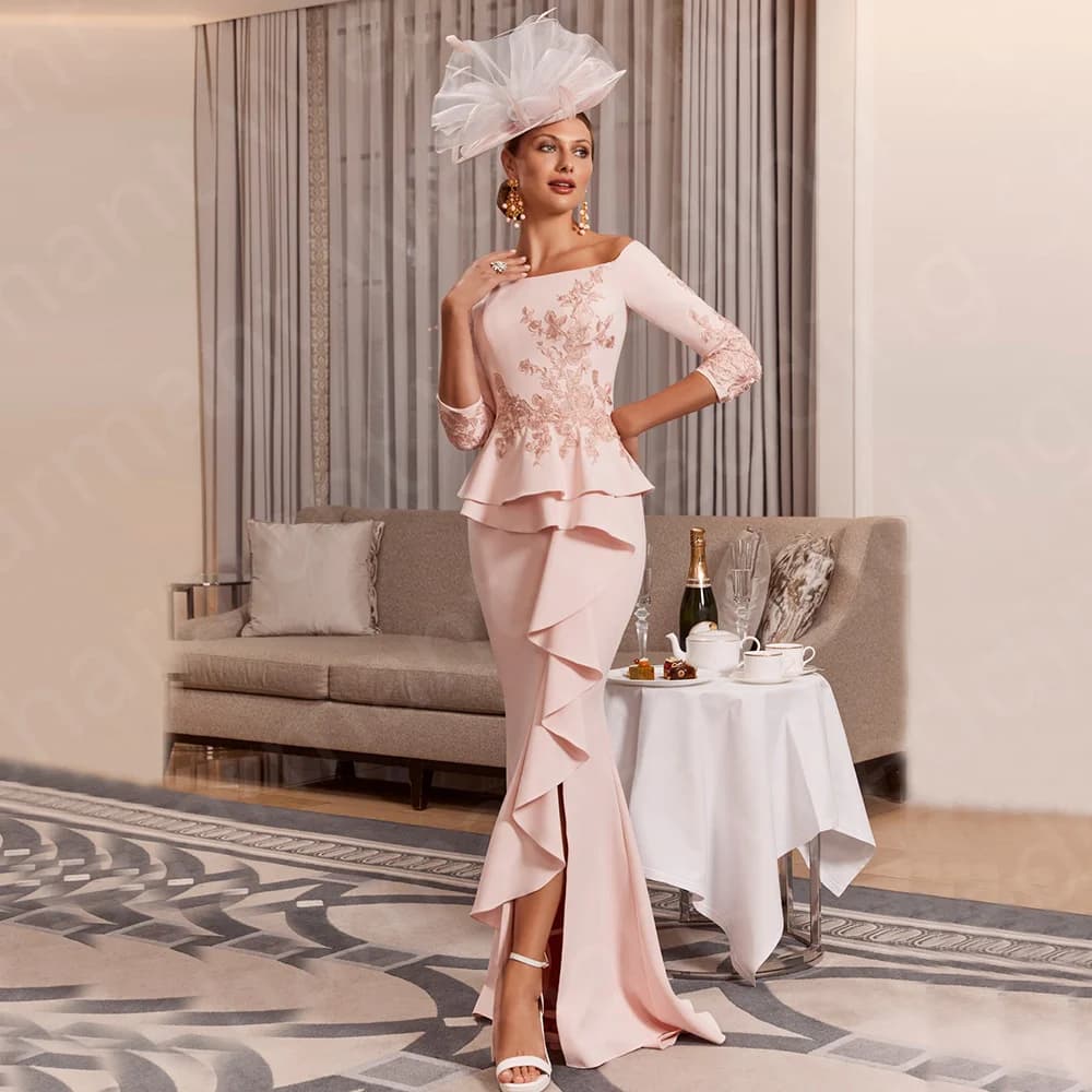 Customized Mermaid Mother of the Bride Dresses Pale Pink Mothers Dress Lace Off Shoulder Sleeves Wedding Guest Gowns Front Split