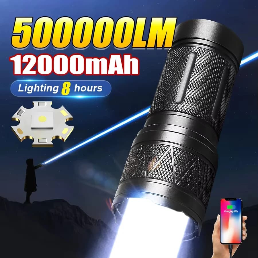 50000LM Ultra Bright LED Flashlight,12000mAh Rechargeable Zoomable Tactical Torch, Adjustable Focus for Camping Hiking Emergency