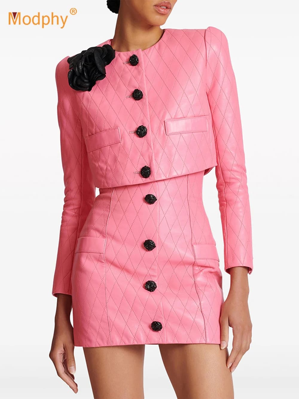 Modphy 2024 Fashion Flower Decoration Rose Buckle Diamond Grid Leather Short Jacket High Waist Pencil Mini Skirt Pink Women Set