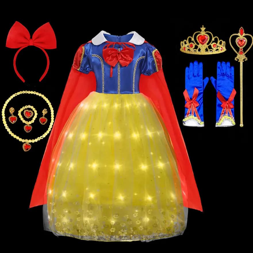 Disney Purim Carnival Princess Costume Light up Snow White Dress Girl Birthday Party Glowing LED Ball Gown Kids Cosplay Clothing