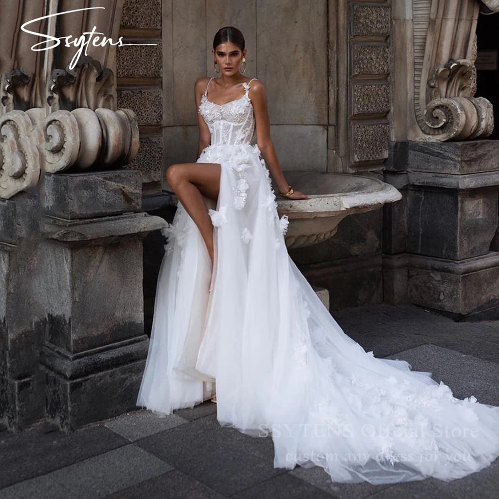 SSYTENS 3D Flower Boho Wedding Dresses Lace Appliques Sexy Spaghetti Straps Bride Dresses Corset Bone Side Split Wedding Gowns