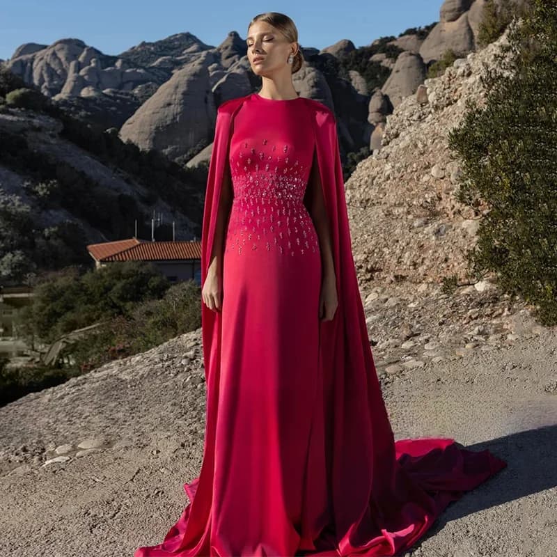 CustomizedNew Evening Dress with Cape Round Neck Beading Sequined A Line Saudi Arabian Prom Gown Customized Party Dresses for