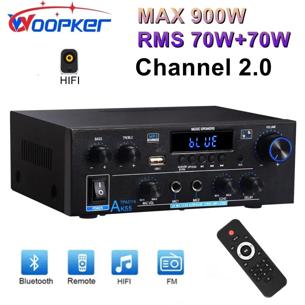 Woopker Amplifier AK55 900W Max 2.0 Channel Rated 70W+70W Bluetooth Audio Hifi AMP Karaoke Music Player Support 110V 220V 12V