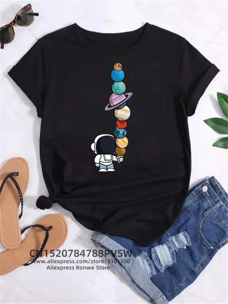 Moon Space Planet Print Tee Shirts Fashion Funy Casual Round Neck Short Sleeve Streetwear Female Clothes Vintage Tops