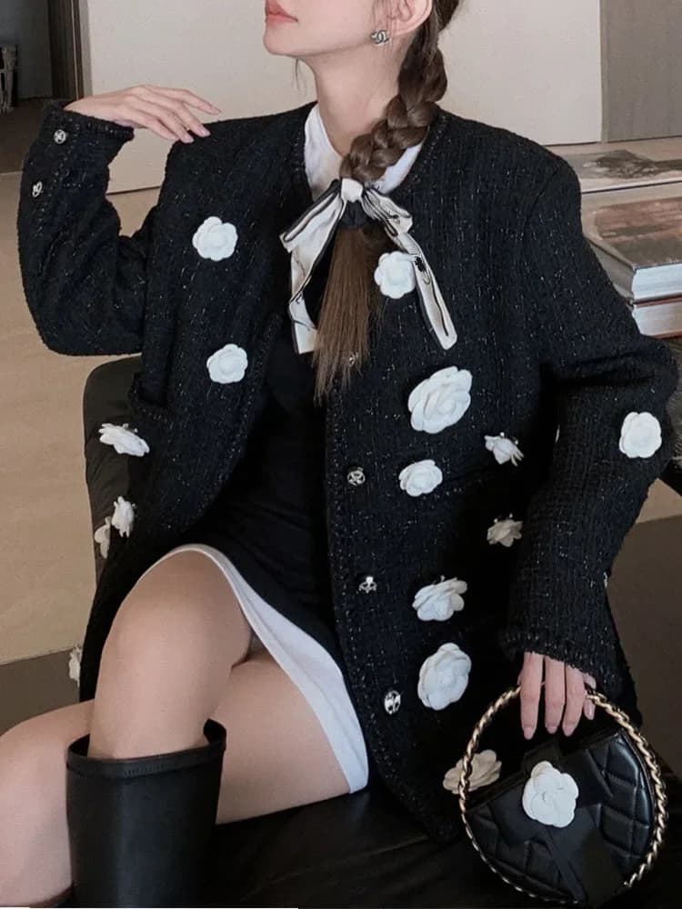 3D Flower Woolen Jacket Woman Slim O-Neck Long Sleeve Solid New Outerwears New Fashion Streetwear Style Elegant Coats