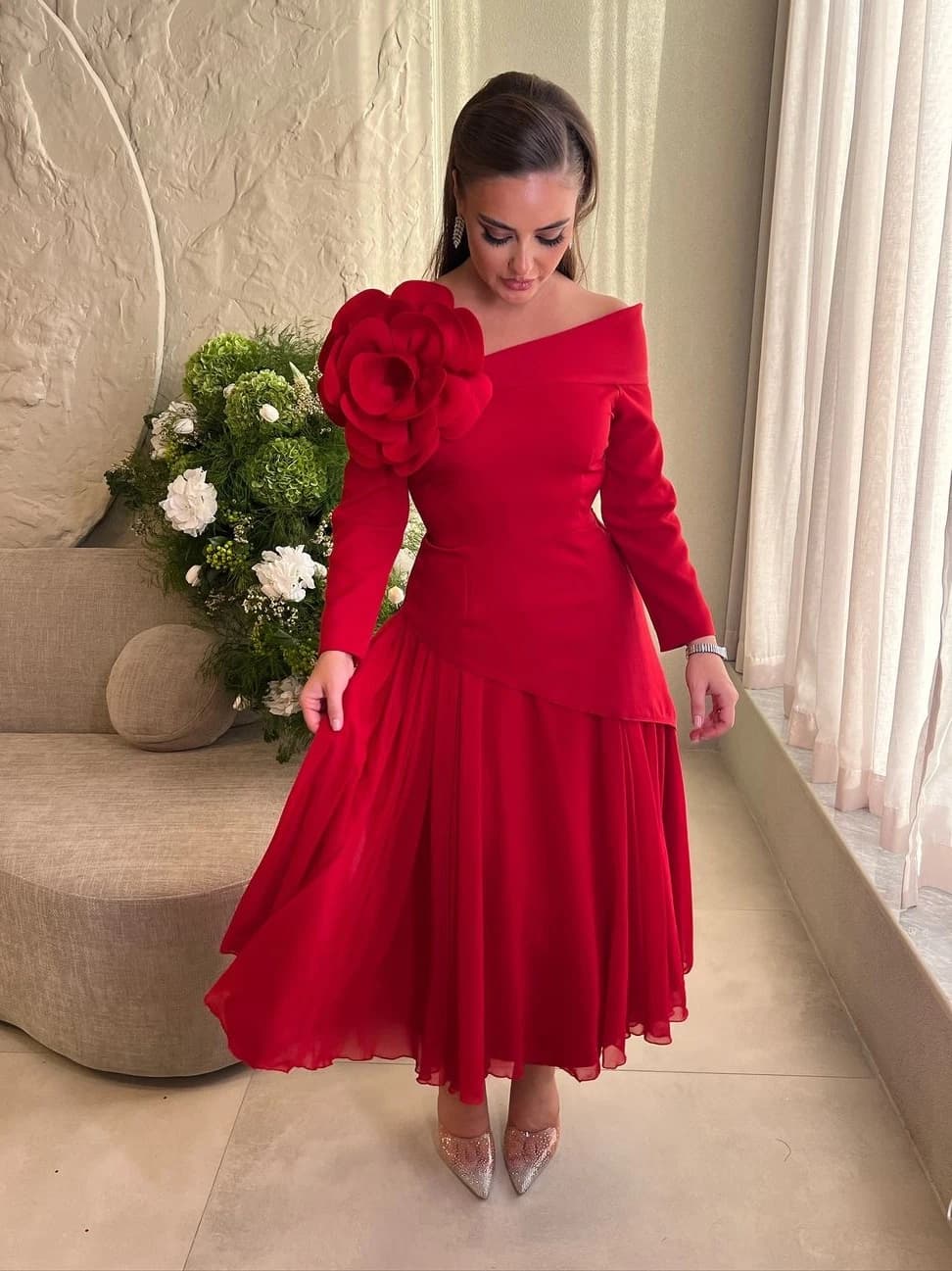 Oisslec Dress Elegant Vintage Sweet Red Flowers Ruffle Chiffon A-Line Customize Formal Occasion Prom Dress Evening Party Gowns